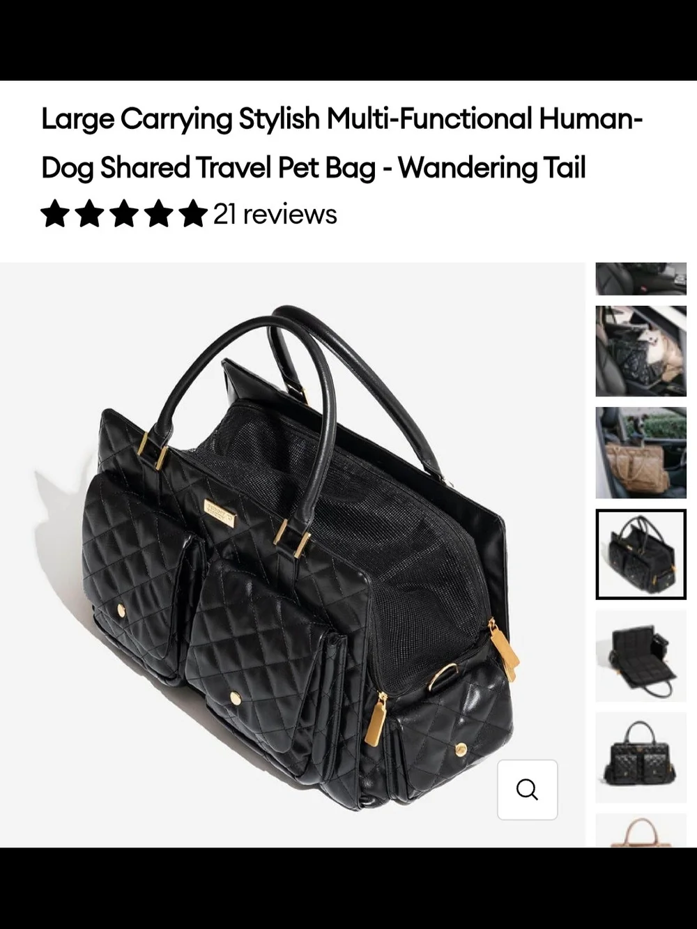 Quilted Black Pet Travel Carrier Tote - Stylish Dog Carrier